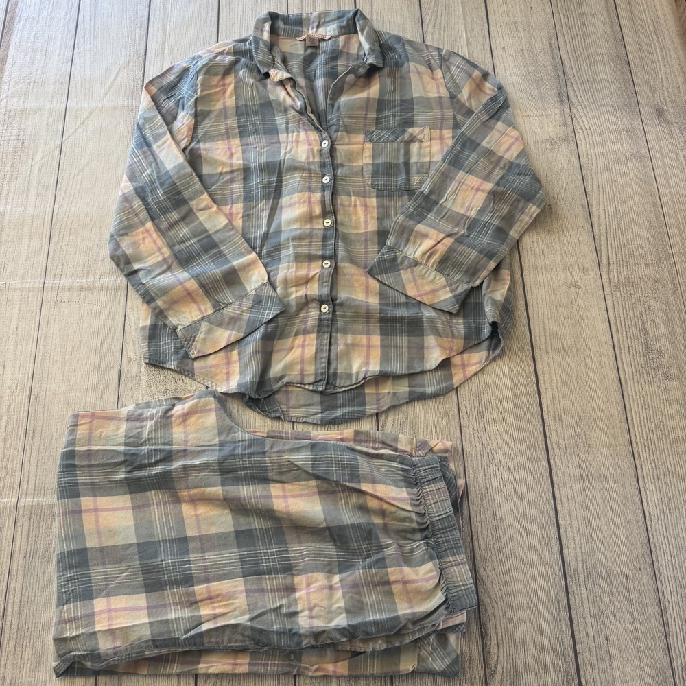 Victorias‎ Secret Long Sleeve Button Up Blouse Sweat Pants Plaid Pink Blue Set M
